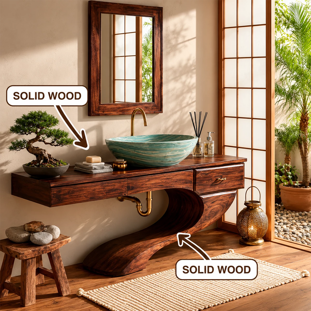 Floating Bathroom Vanity with Sculptural S-Curve Base in Natural Solid Wood