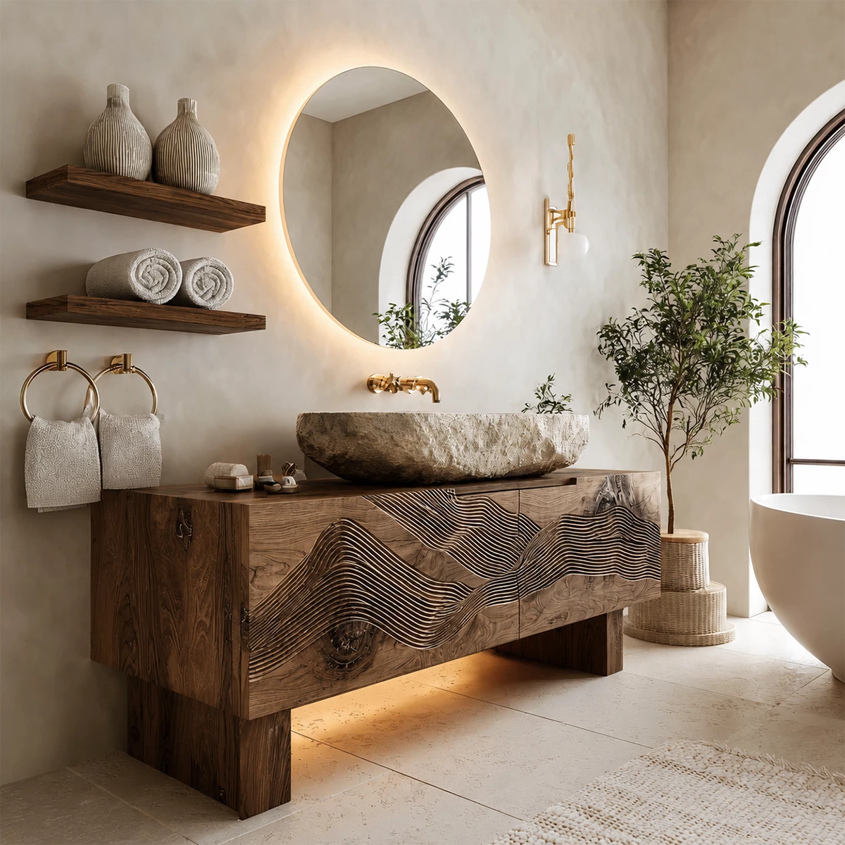 Artistic Bathroom Vanity with Layered Wave Carved Front in Natural Solid Wood