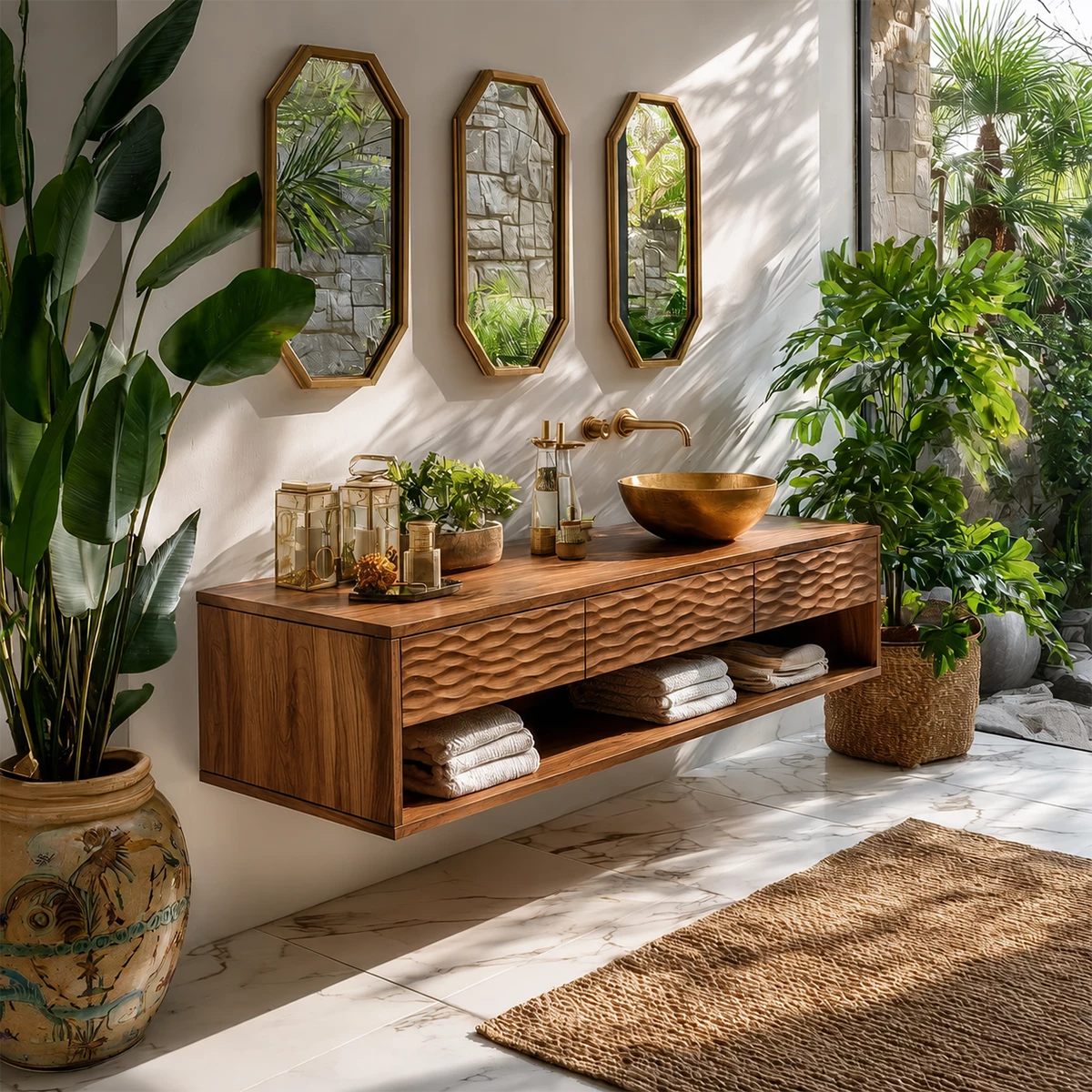 Handcrafted Floating Bathroom Vanity with Carved Drawer Fronts in Natural Solid Wood