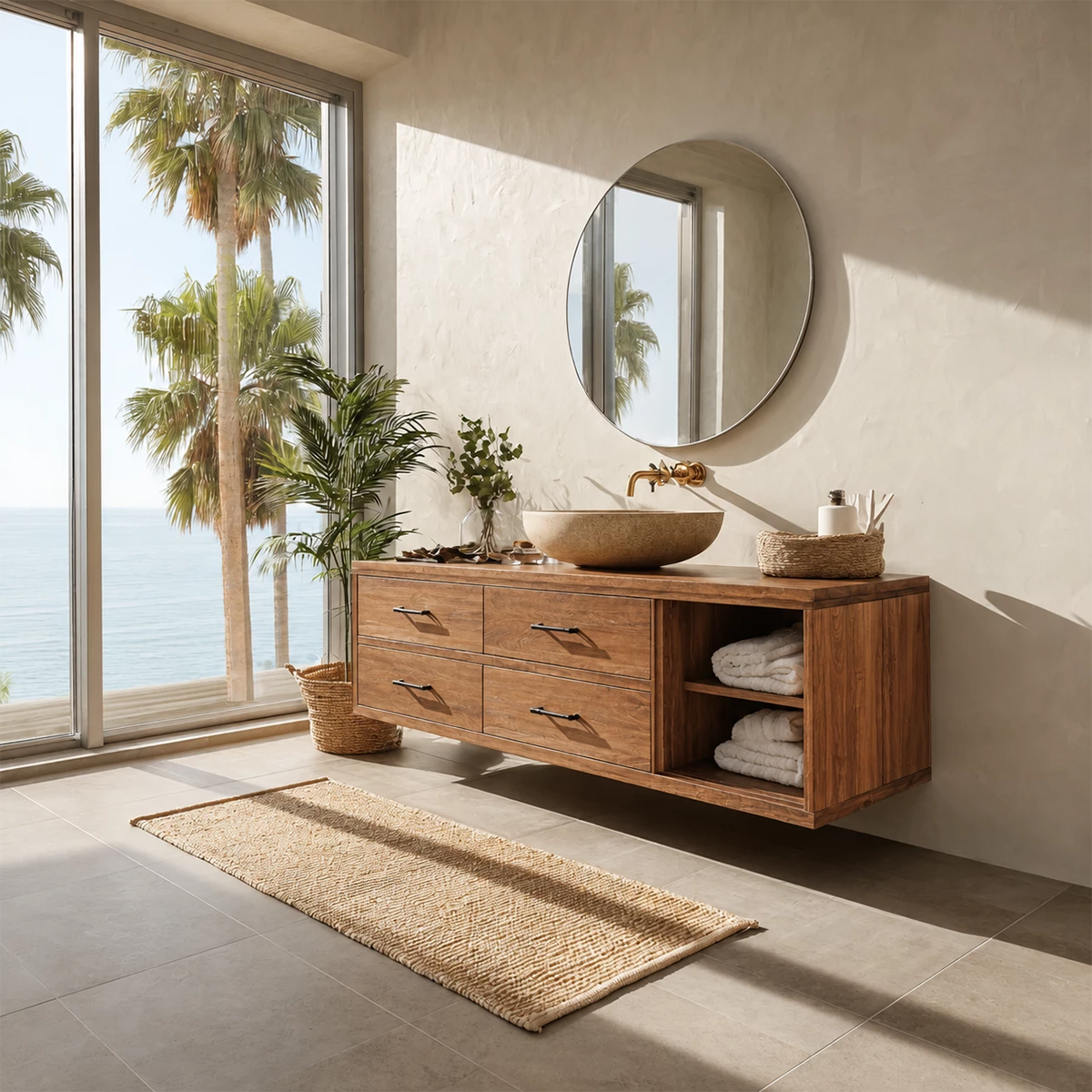 Floating Bathroom Vanity with Open Shelf and Four Drawers in Natural Solid Wood