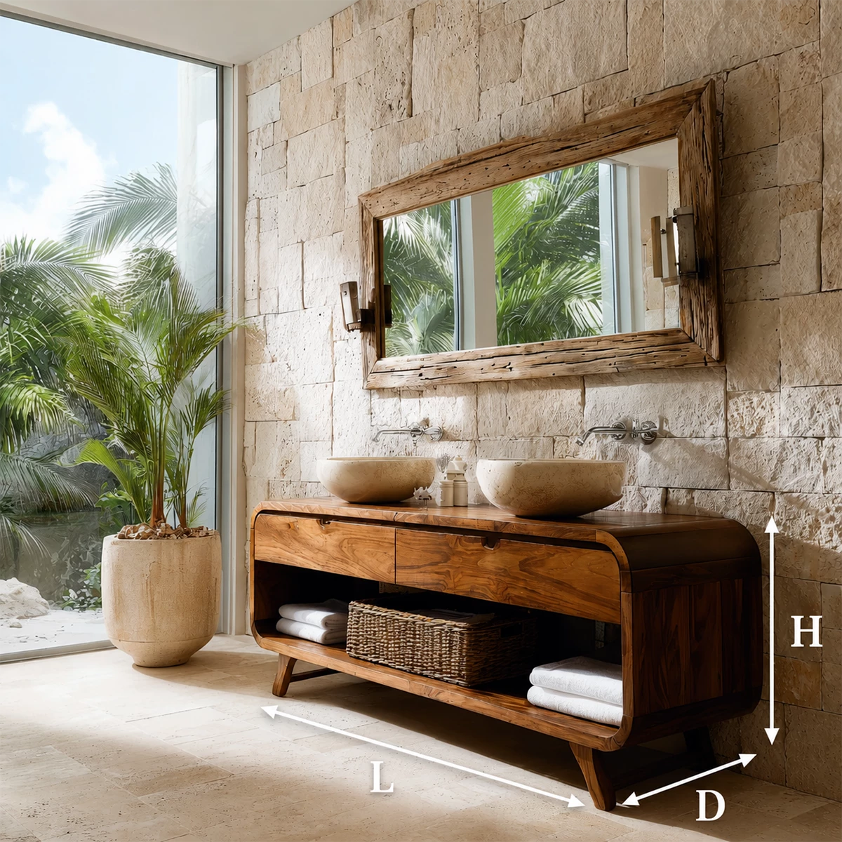 Double Sink Bathroom Vanity with Rounded Corners in Natural Solid Wood