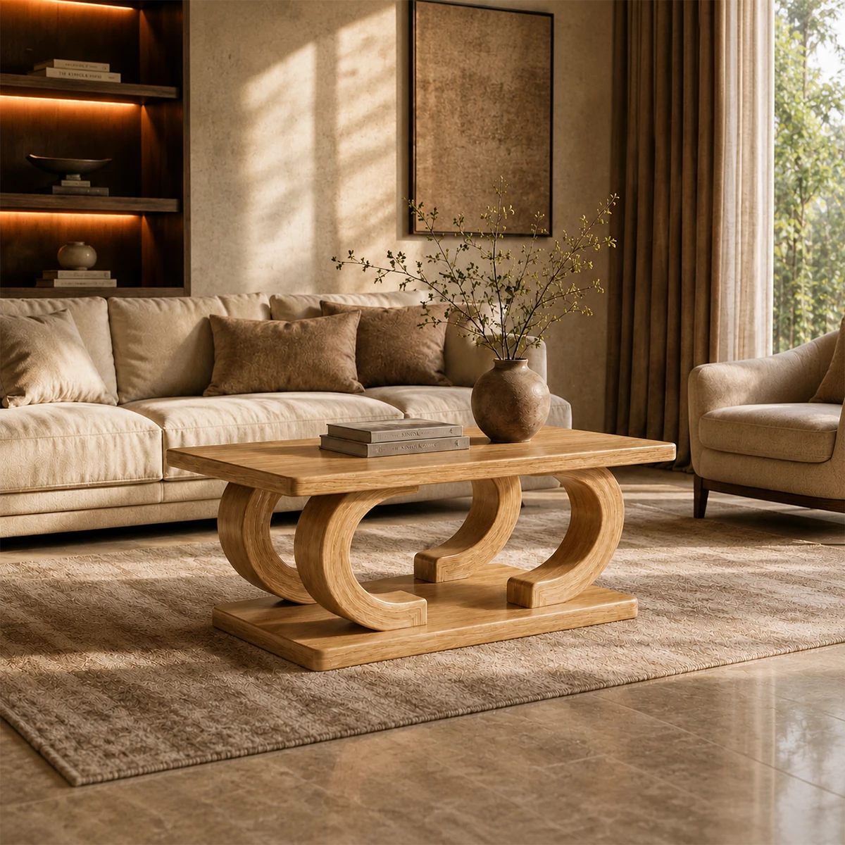 Rectangular Arch Wood Coffee Table – Sculptural Natural Wood Center Table for Living Room
