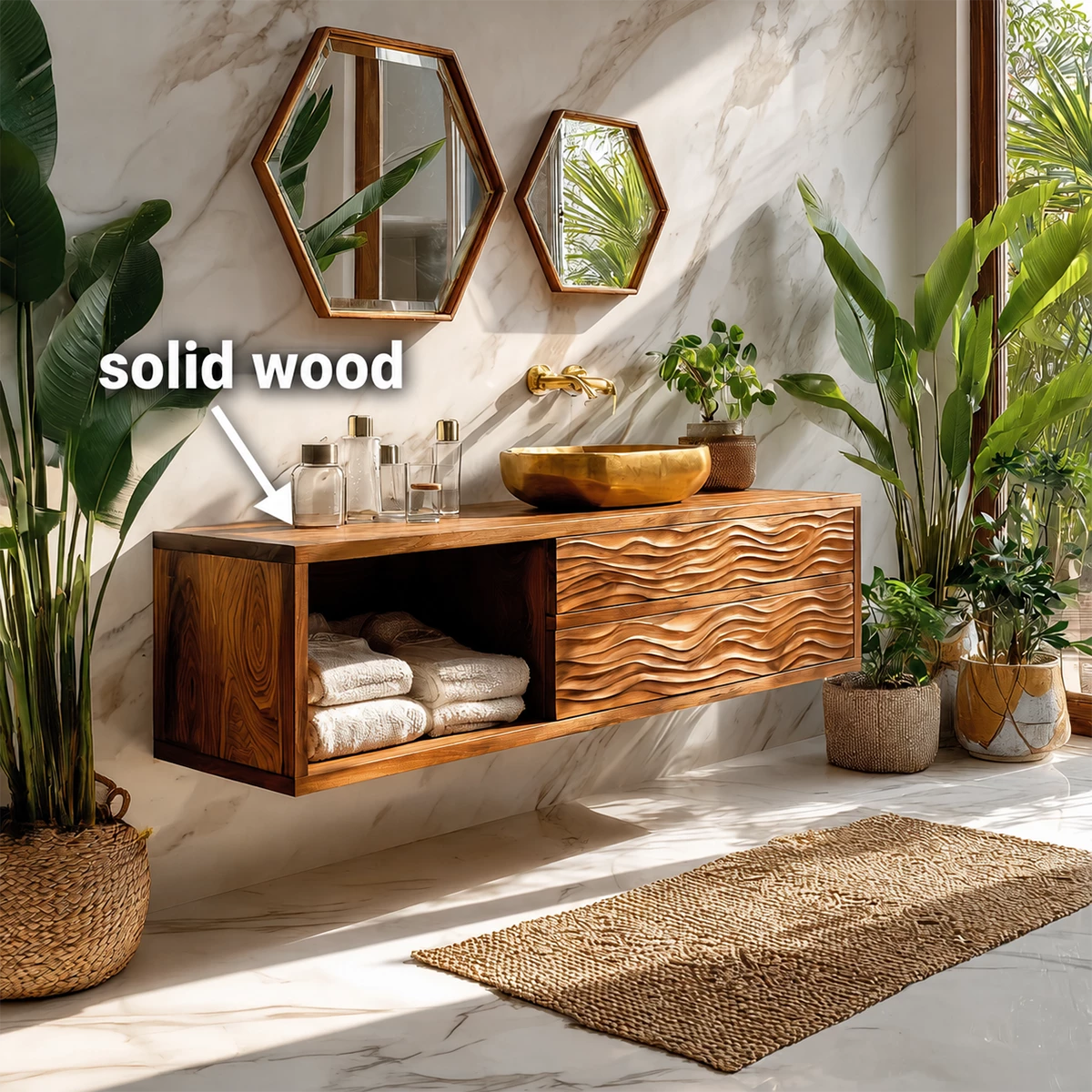 Floating Solid Wood Bathroom Vanity with Wave Carved Drawers and Open Shelf
