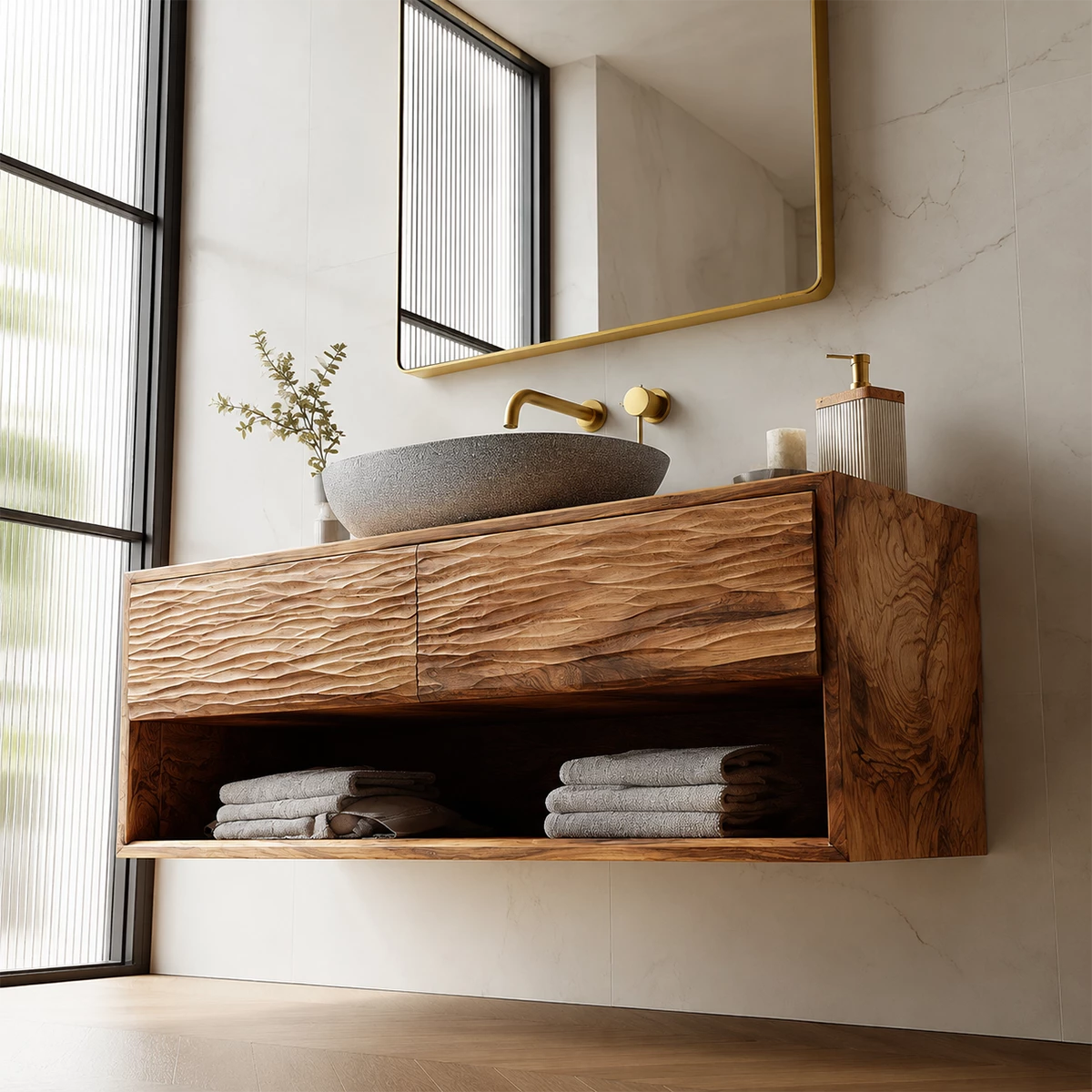 Floating Solid Wood Bathroom Vanity with Textured Front & Open Shelf Storage
