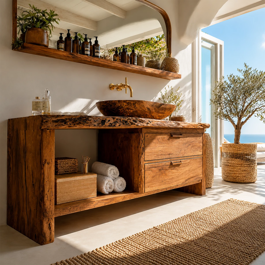 Live Edge Bathroom Vanity with Open Shelf and Dual Drawers in Natural Solid Wood
