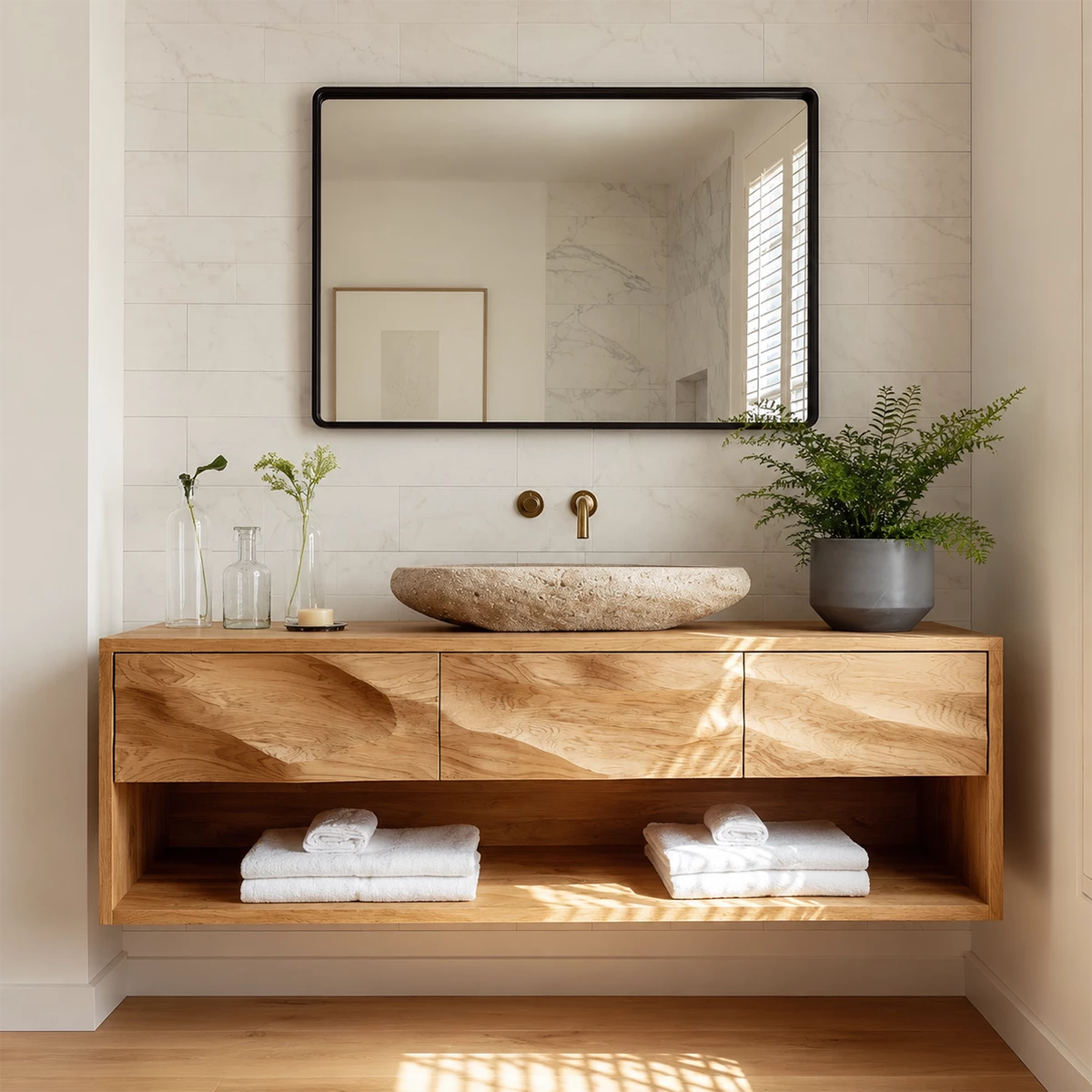 Floating Bathroom Vanity with Sculpted Drawer Fronts in Natural Solid Wood