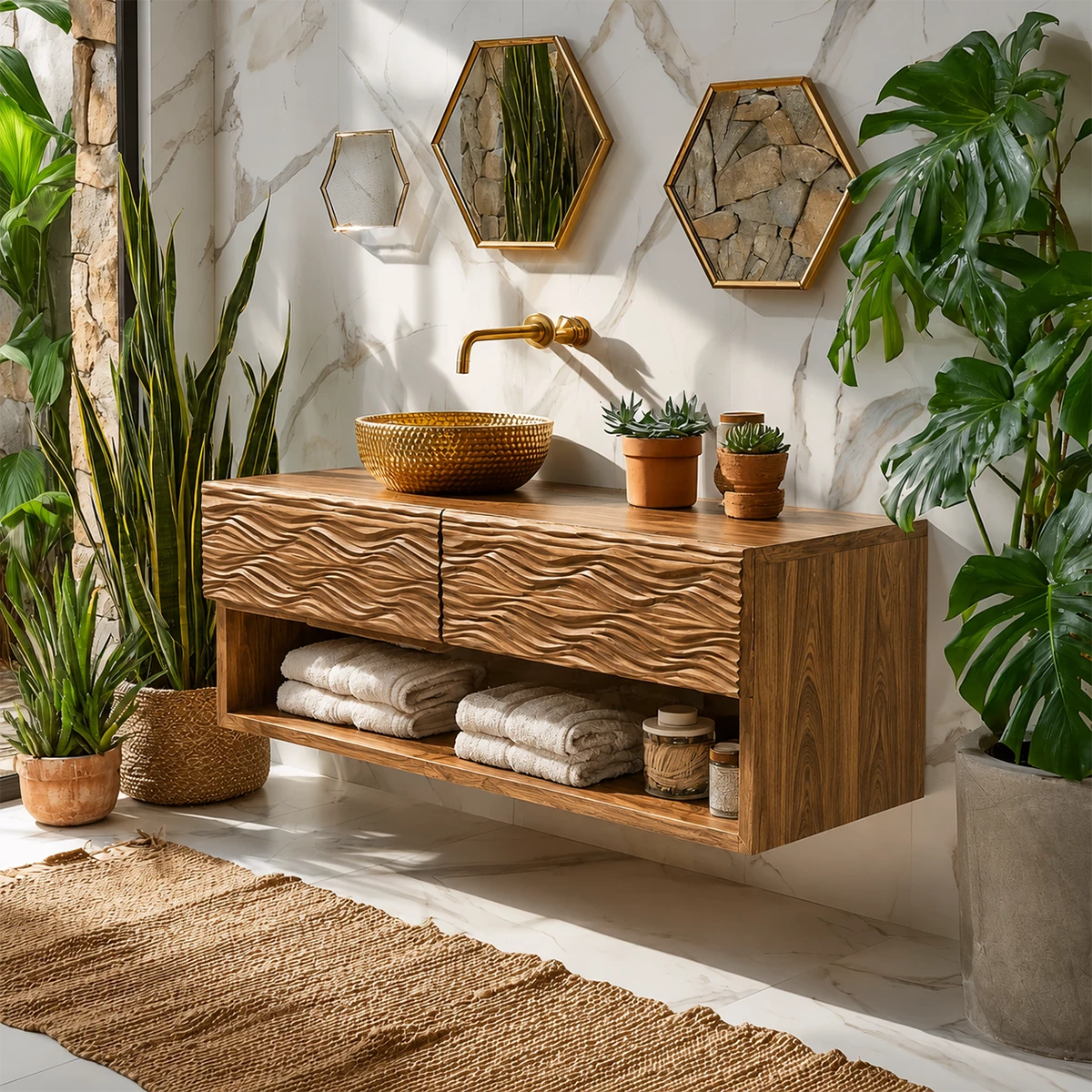 Floating Solid Wood Bathroom Vanity with Carved Wave Doors and Open Shelf