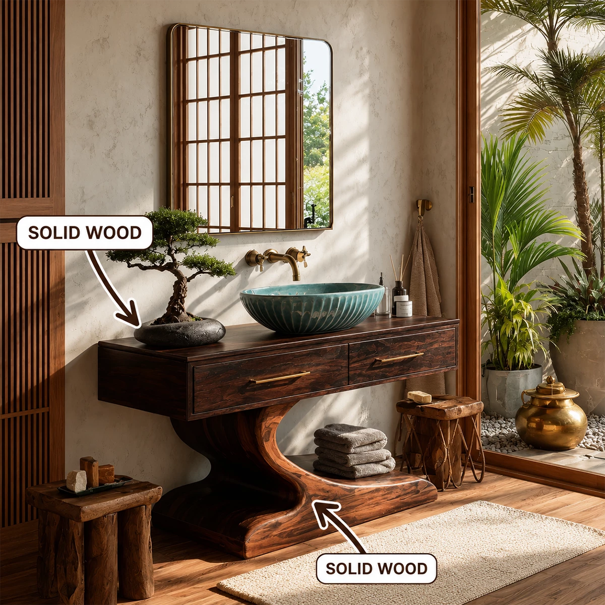 Modern Floating Bathroom Vanity with Sculptural Pedestal in Natural Solid Wood