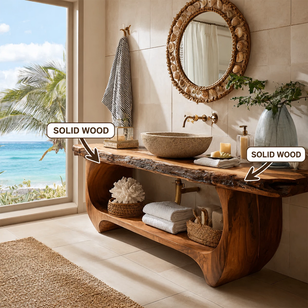 Live Edge Bathroom Vanity with Sculptural Open Shelf in Natural Solid Wood