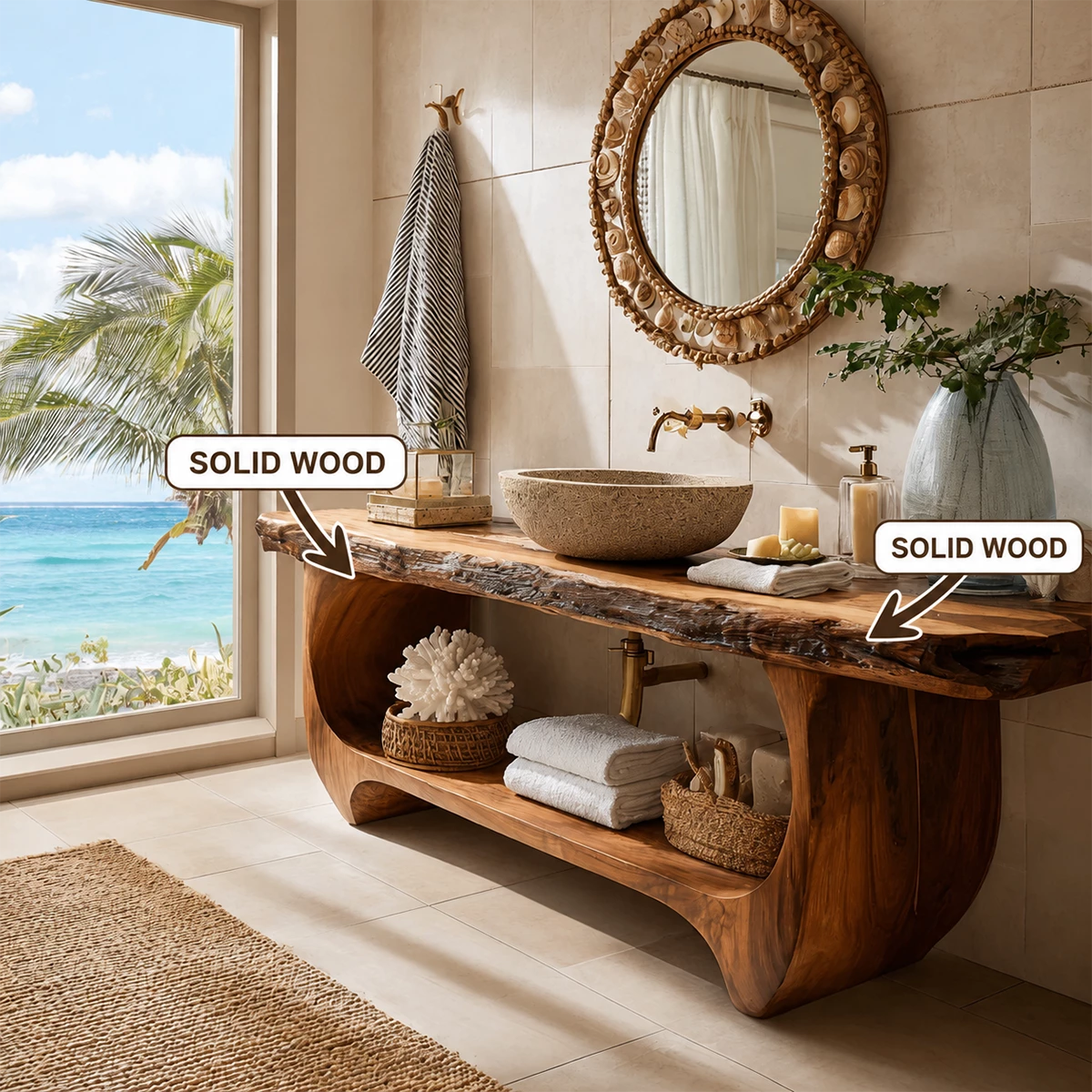 Live Edge Bathroom Vanity with Sculptural Open Shelf in Natural Solid Wood