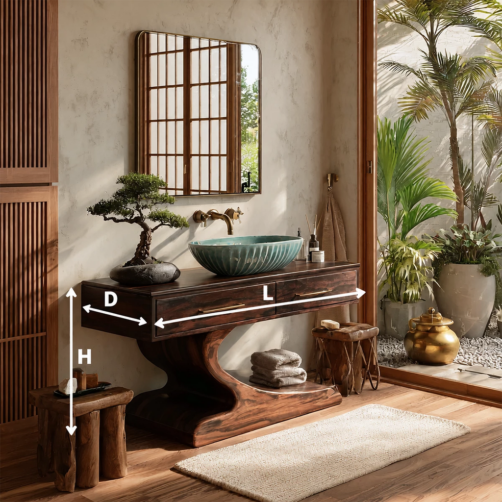 Modern Floating Bathroom Vanity with Sculptural Pedestal in Natural Solid Wood