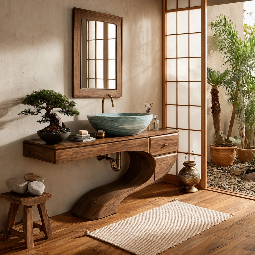 Floating Bathroom Vanity with Sculptural S-Curve Base in Natural Solid Wood