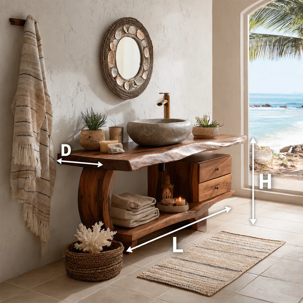 Live Edge Bathroom Vanity with Curved Open Shelf in Natural Solid Wood