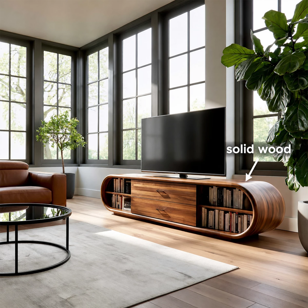 Natural Solid Wood TV Stand with Two Drawers and Rounded Open Shelves