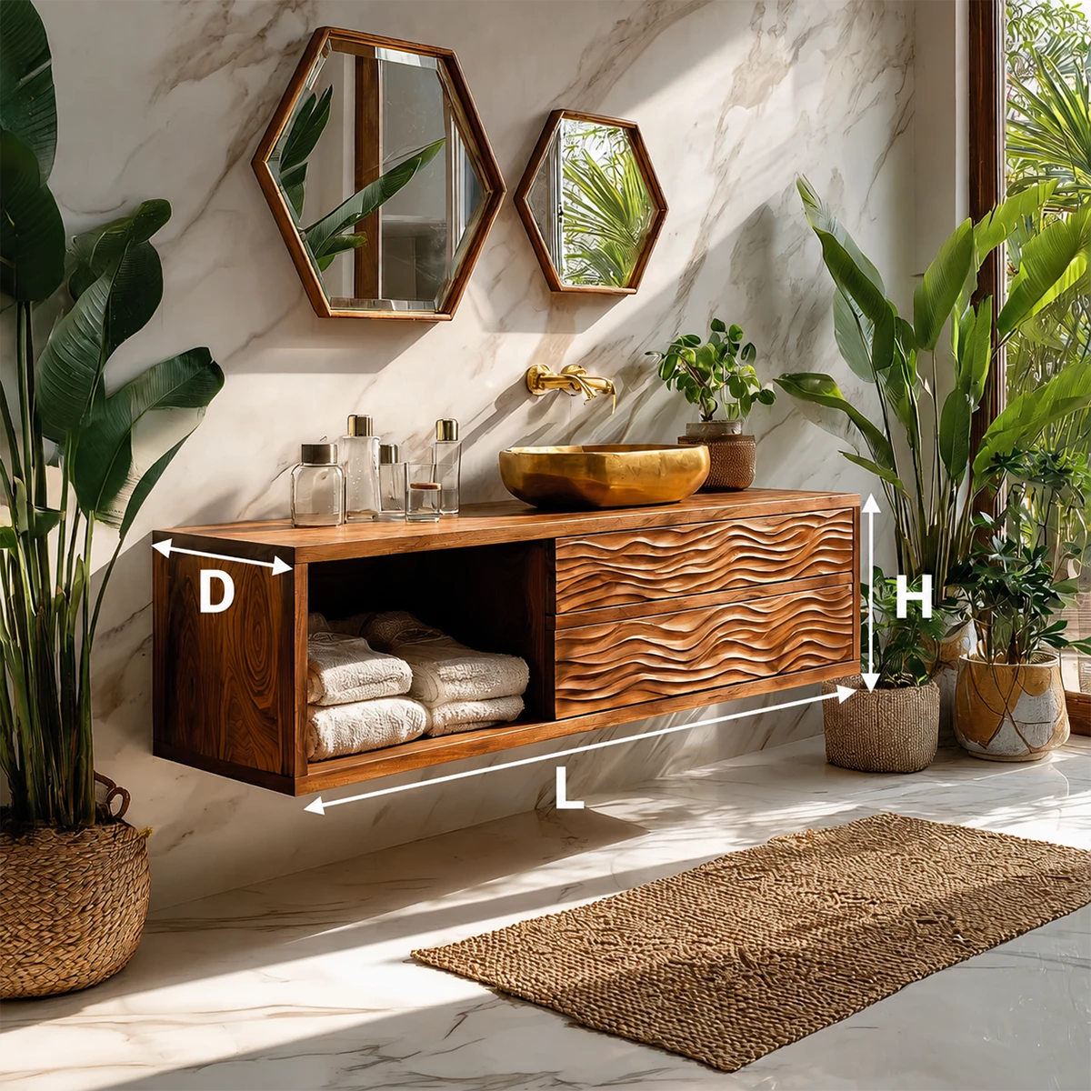 Floating Solid Wood Bathroom Vanity with Wave Carved Drawers and Open Shelf
