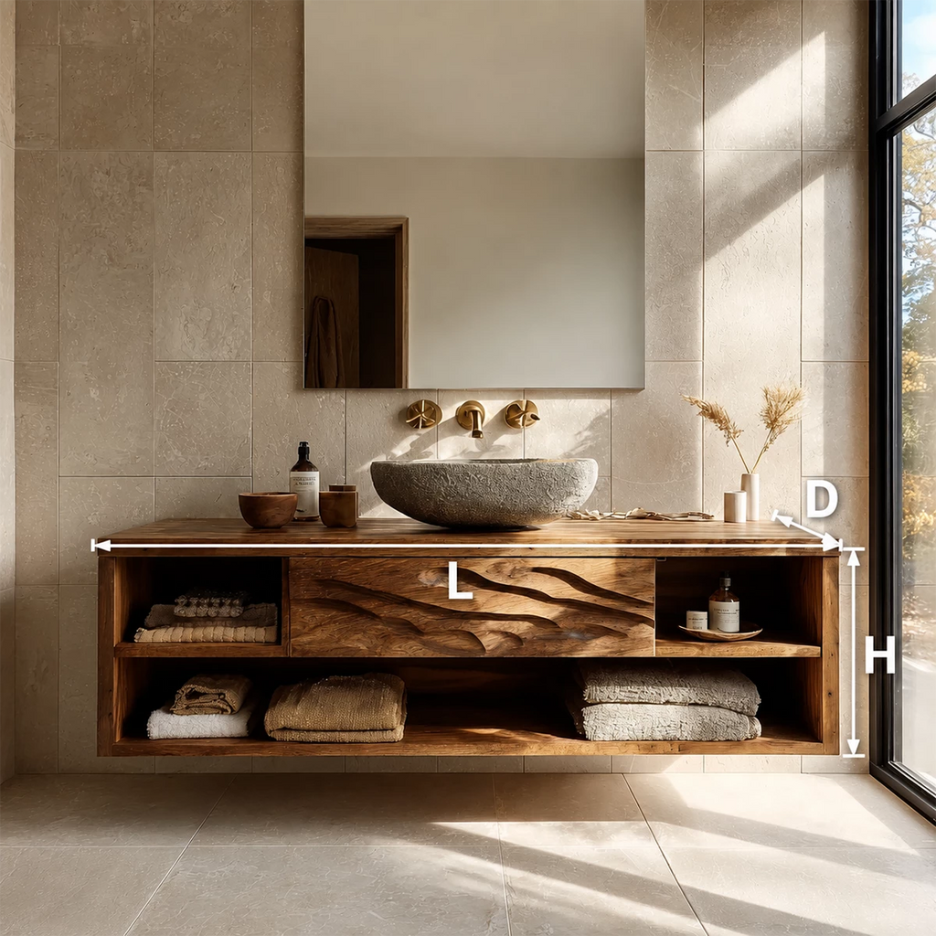 Floating Bathroom Vanity with Wave-Carved Drawer in Natural Solid Wood