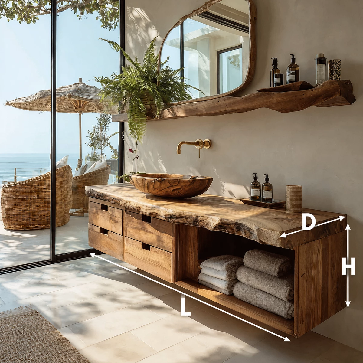 Floating Live Edge Solid Wood Bathroom Vanity with Four Drawers and Open Shelf