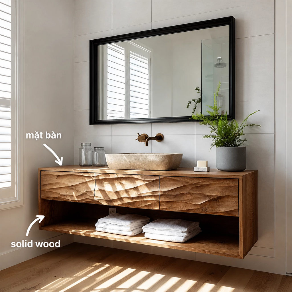 Floating Bathroom Vanity with Hand-Carved Wave Drawers in Natural Solid Wood