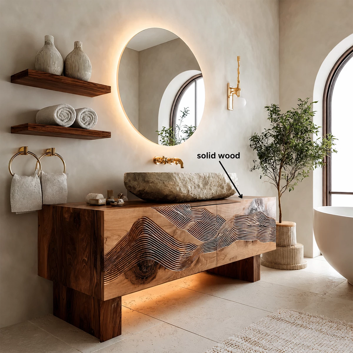 Artistic Bathroom Vanity with Layered Wave Carved Front in Natural Solid Wood