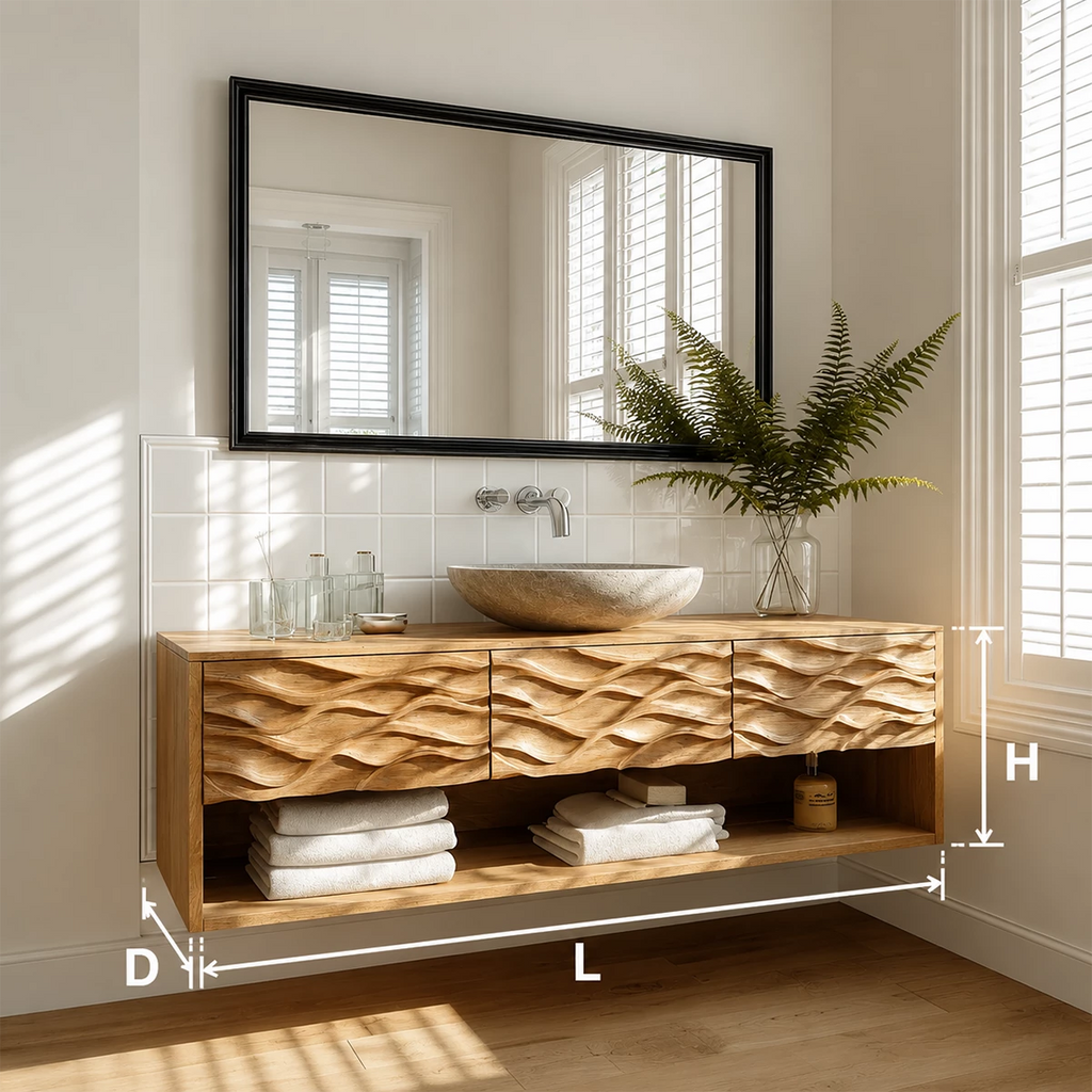 Floating Solid Wood Bathroom Vanity with Carved Wave Front and Open Shelf