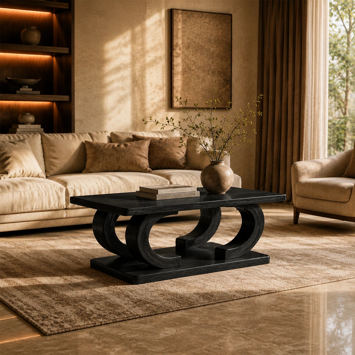 Rectangular Arch Wood Coffee Table – Sculptural Natural Wood Center Table for Living Room