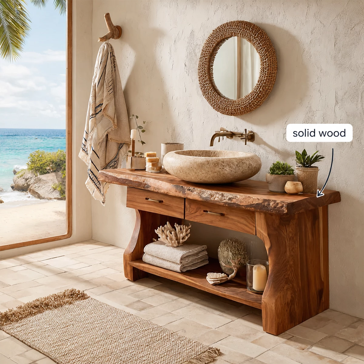 Live Edge Bathroom Vanity with Open Shelf in Natural Solid Wood