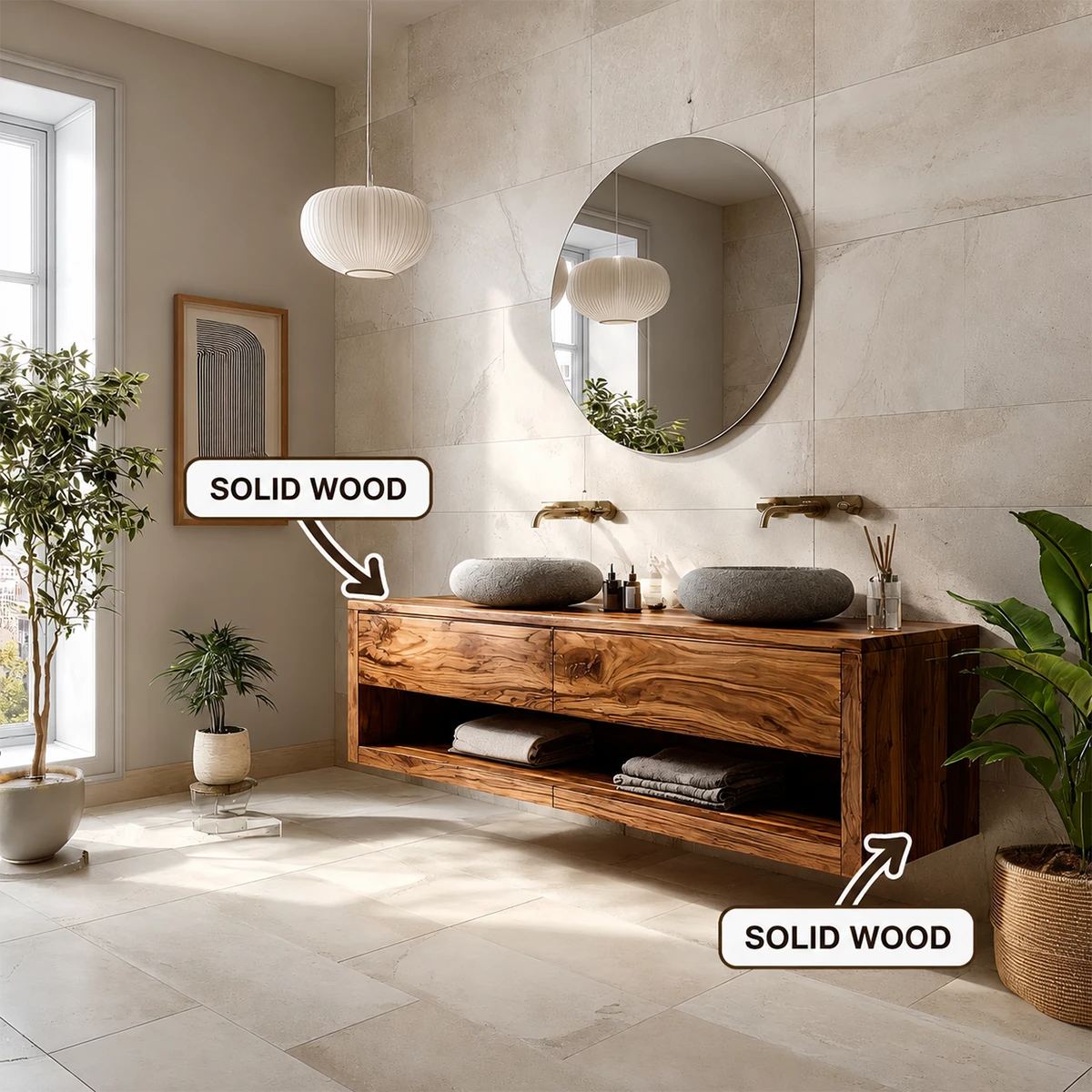 Floating Double Sink Solid Wood Bathroom Vanity with Open Shelf Storage