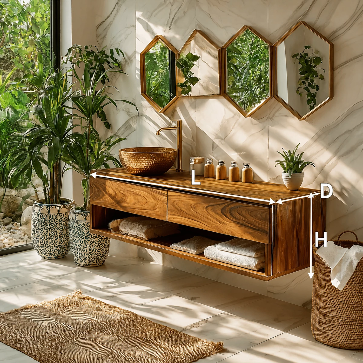 Floating Bathroom Vanity with Open Shelf and Dual Drawers in Natural Solid Wood