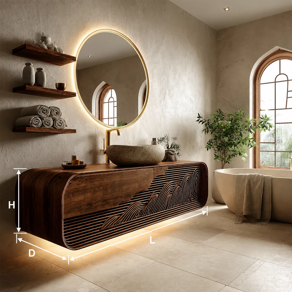 Floating Solid Wood Bathroom Vanity with Mountain Relief Front Design