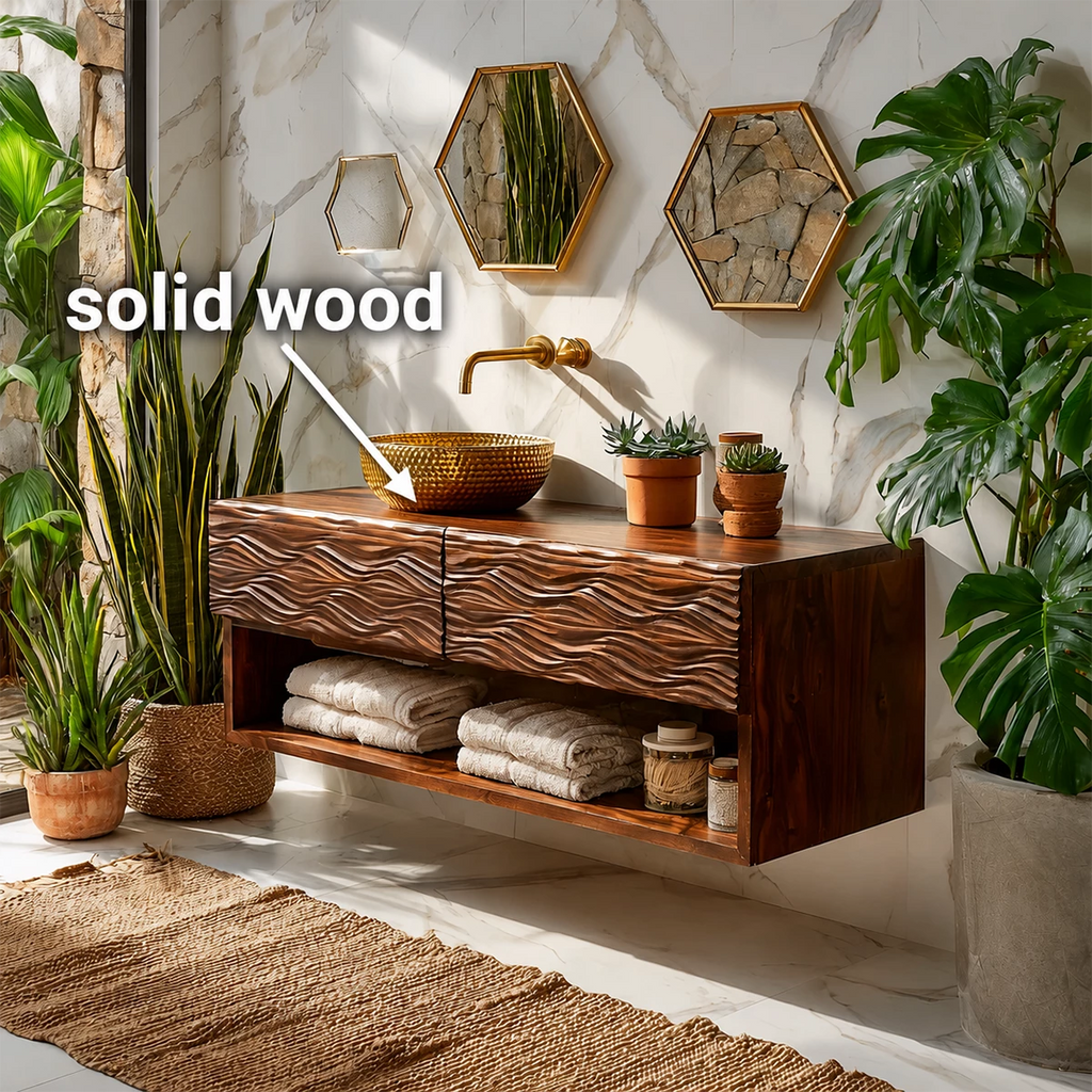 Floating Solid Wood Bathroom Vanity with Carved Wave Doors and Open Shelf