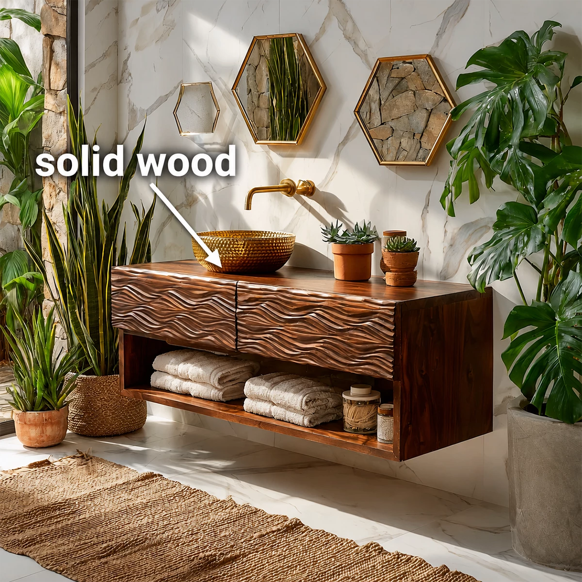 Floating Solid Wood Bathroom Vanity with Carved Wave Doors and Open Shelf