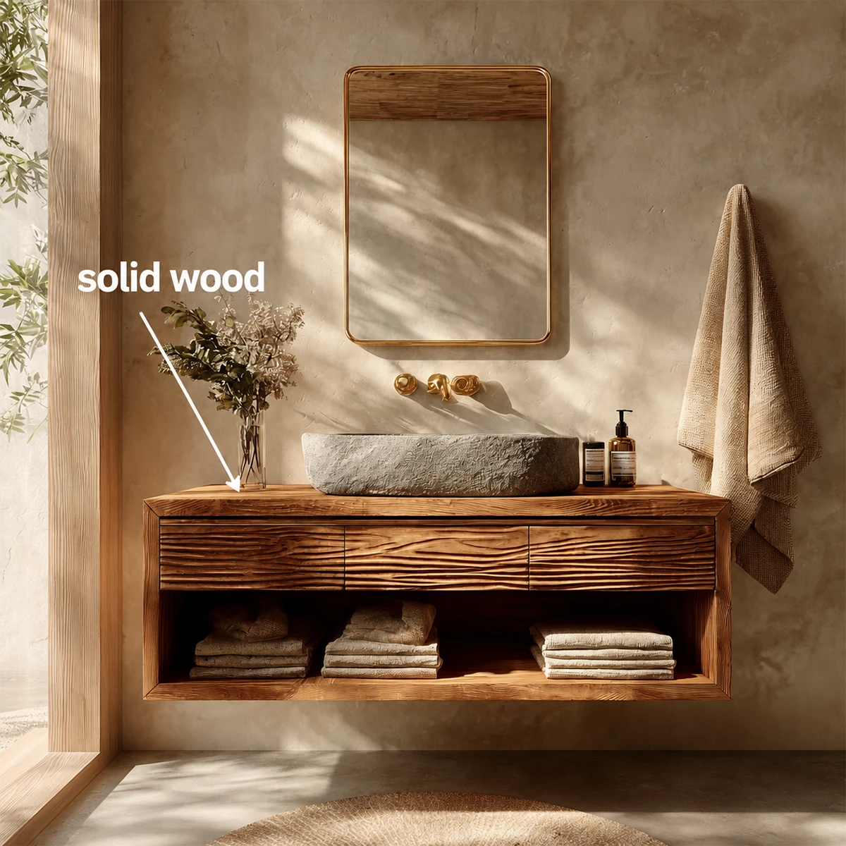 Floating Bathroom Vanity with Textured Wood Drawers and Open Shelf in Natural Solid Wood