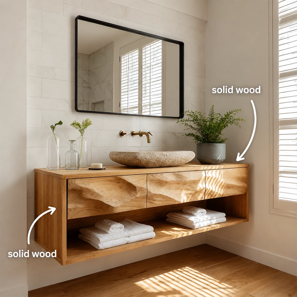 Floating Bathroom Vanity with Sculpted Drawer Fronts in Natural Solid Wood