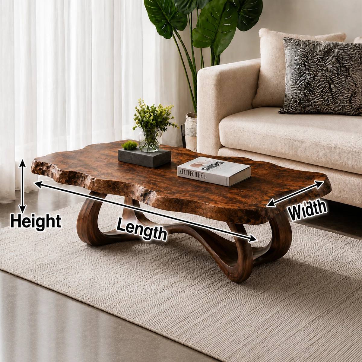 Live Edge Burl Wood Coffee Table – Sculptural Natural Wood Center Table for Modern Living Room