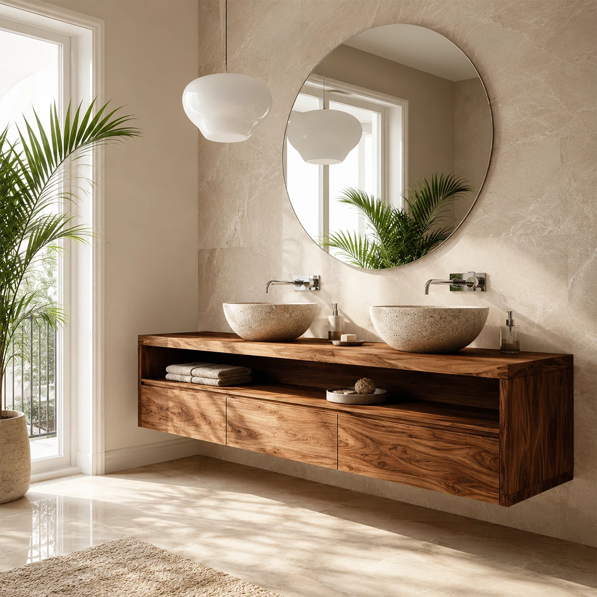 Double Sink Floating Bathroom Vanity with Open Shelf in Natural Solid Wood