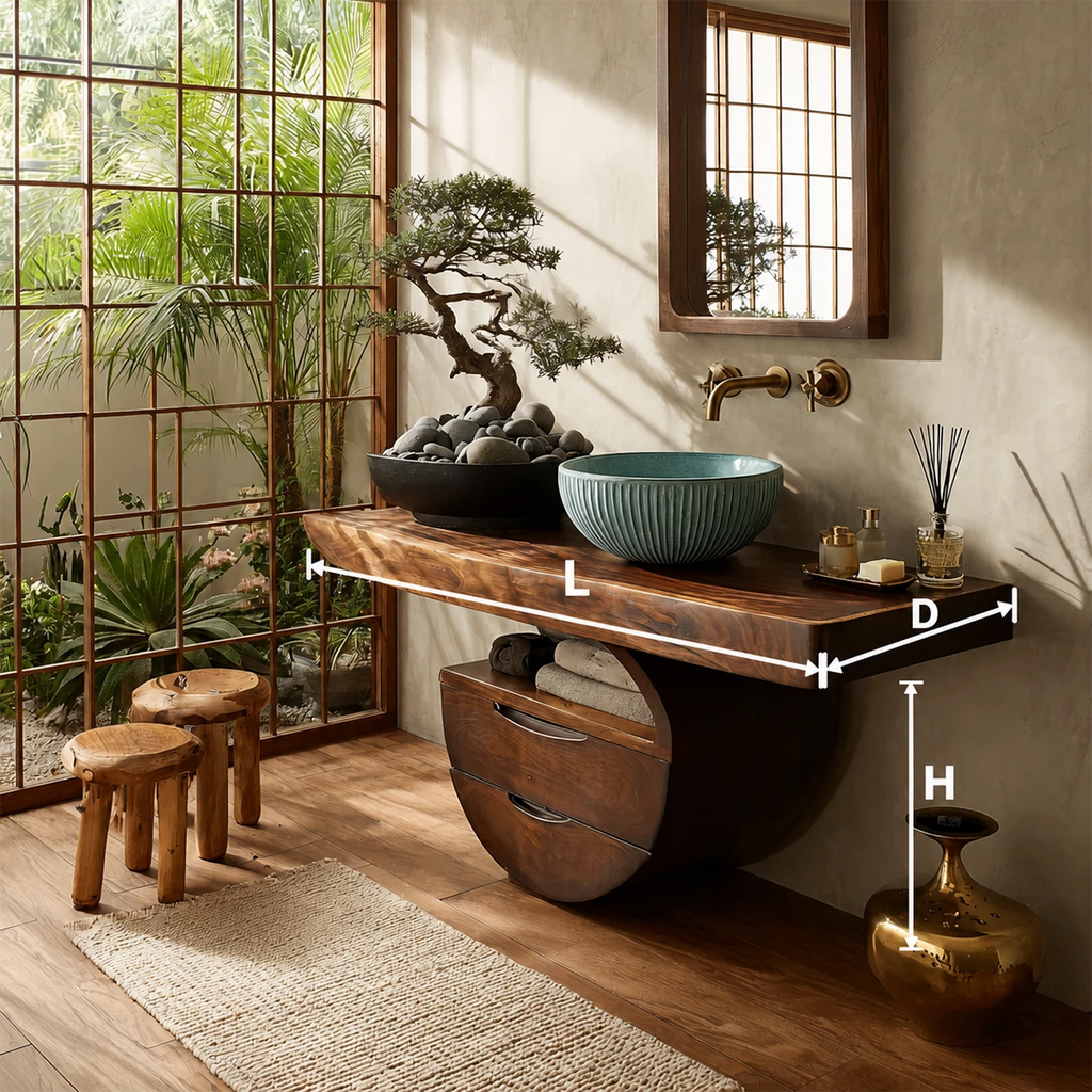Sculptural Floating Bathroom Vanity with Curved Storage Base in Natural Solid Wood