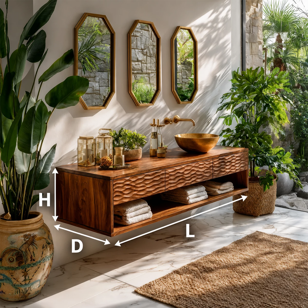 Handcrafted Floating Bathroom Vanity with Carved Drawer Fronts in Natural Solid Wood