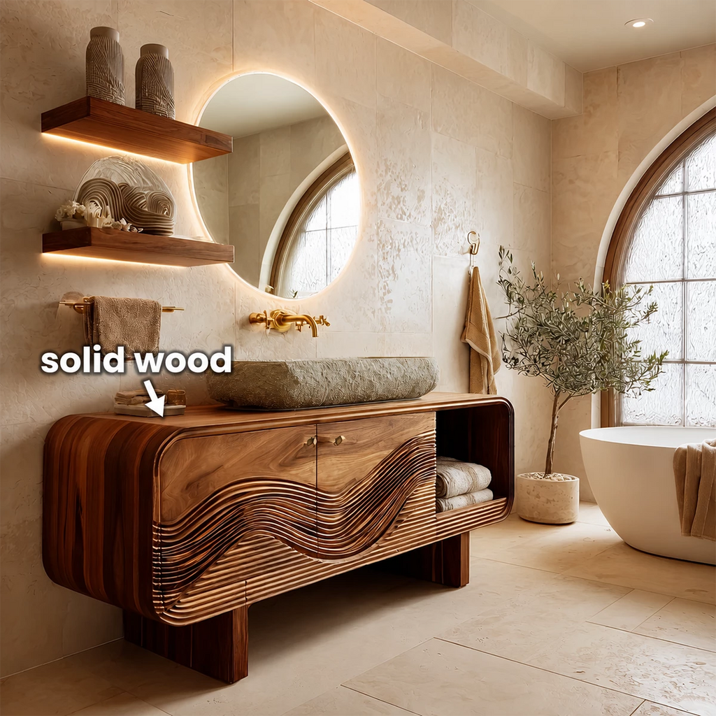 Modern Solid Wood Bathroom Vanity with Sculpted Wave Front and Open Shelf