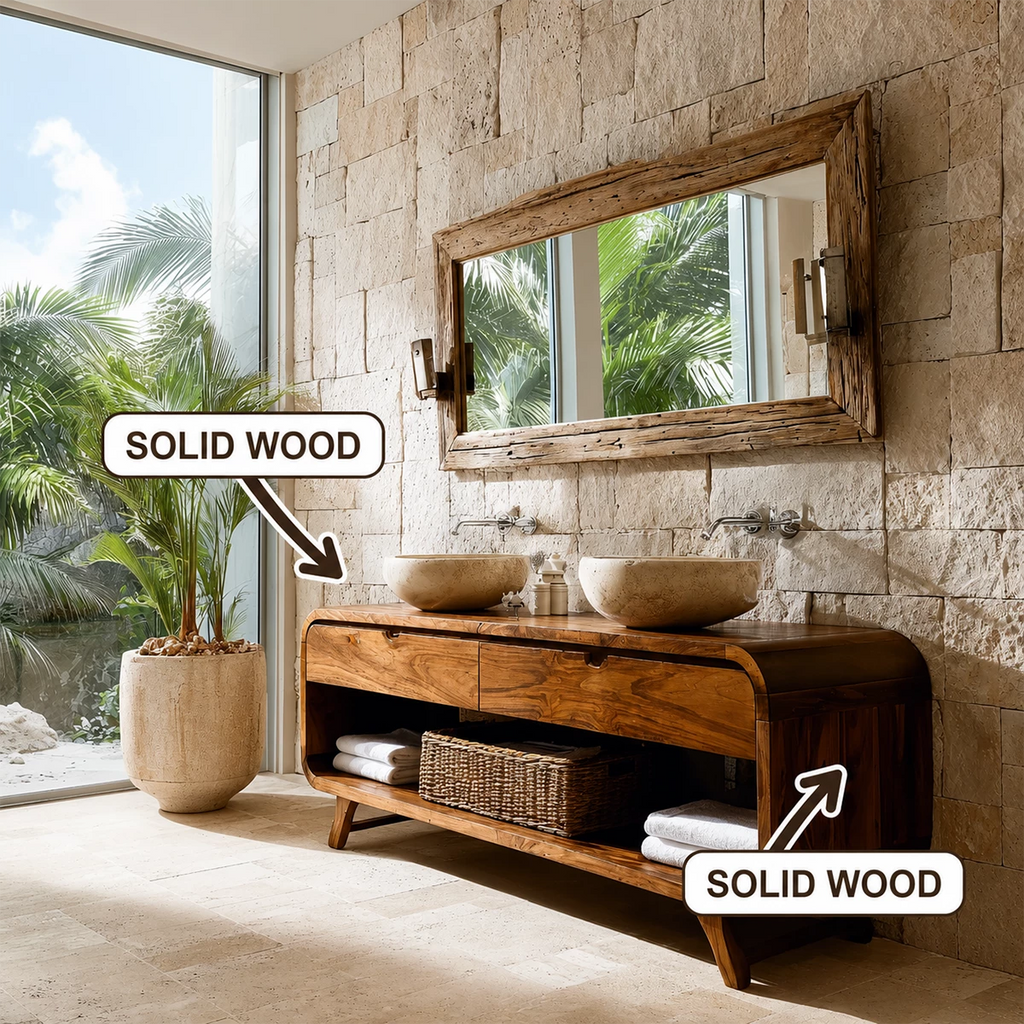 Double Sink Bathroom Vanity with Rounded Corners in Natural Solid Wood