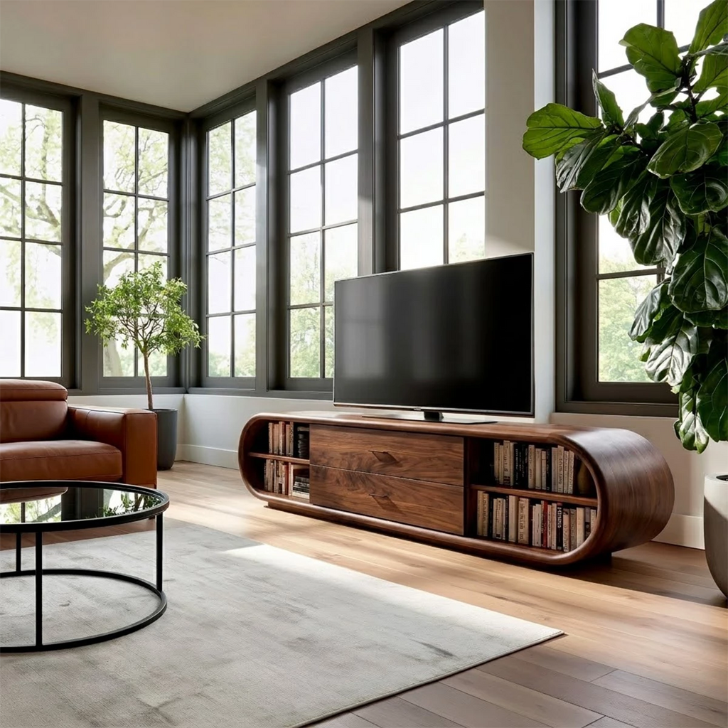 Natural Solid Wood TV Stand with Two Drawers and Rounded Open Shelves