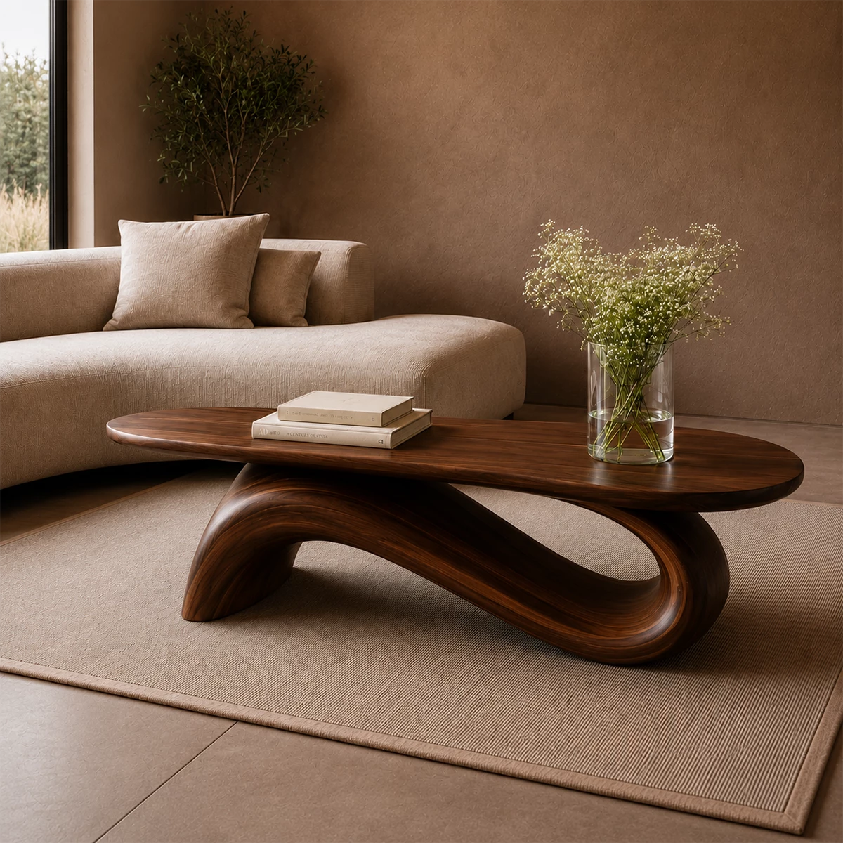 Organic Wave Wood Coffee Table – Sculptural Natural Wood Center Table for Modern Living Room