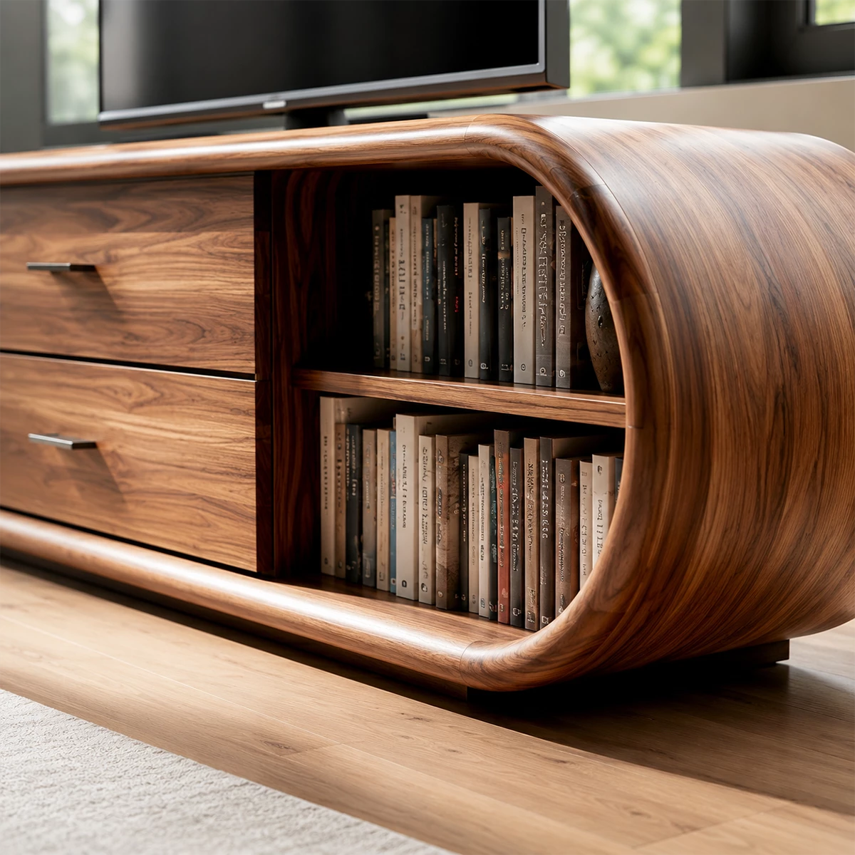 Natural Solid Wood TV Stand with Two Drawers and Rounded Open Shelves
