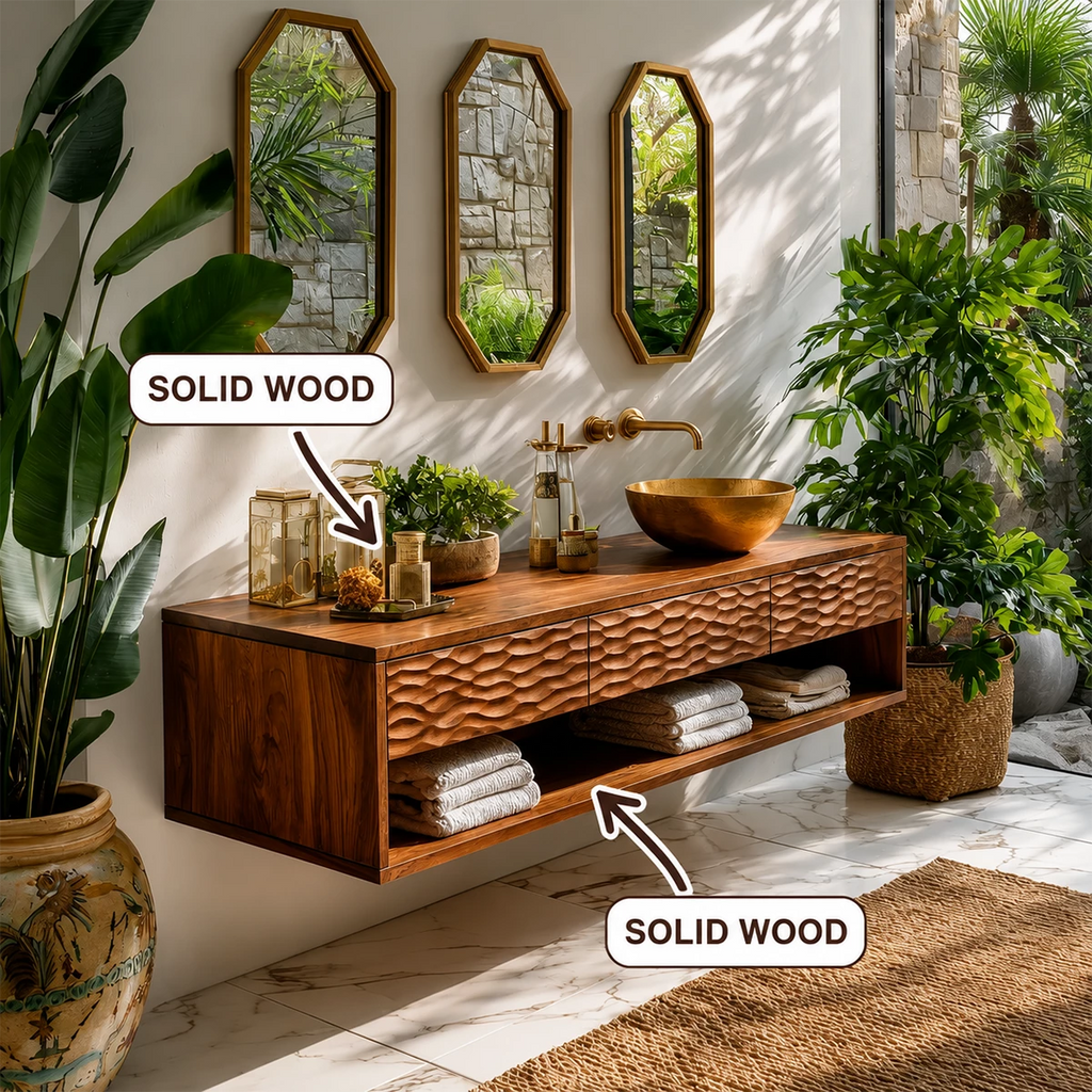 Handcrafted Floating Bathroom Vanity with Carved Drawer Fronts in Natural Solid Wood