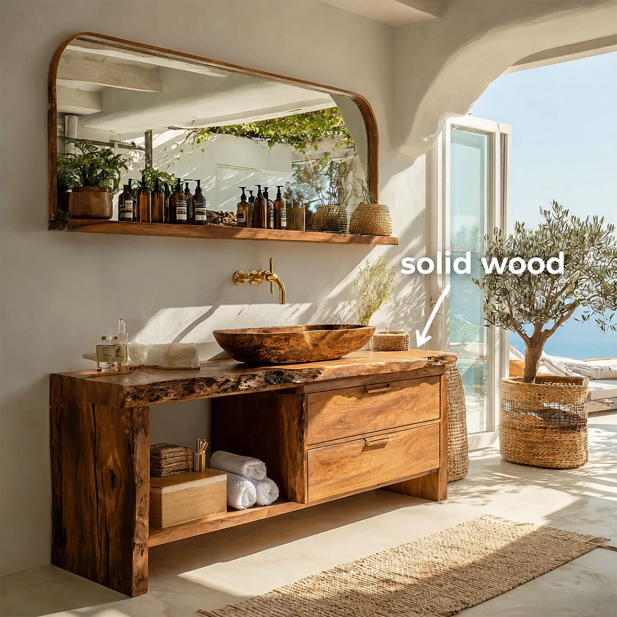 Live Edge Bathroom Vanity with Open Shelf and Dual Drawers in Natural Solid Wood