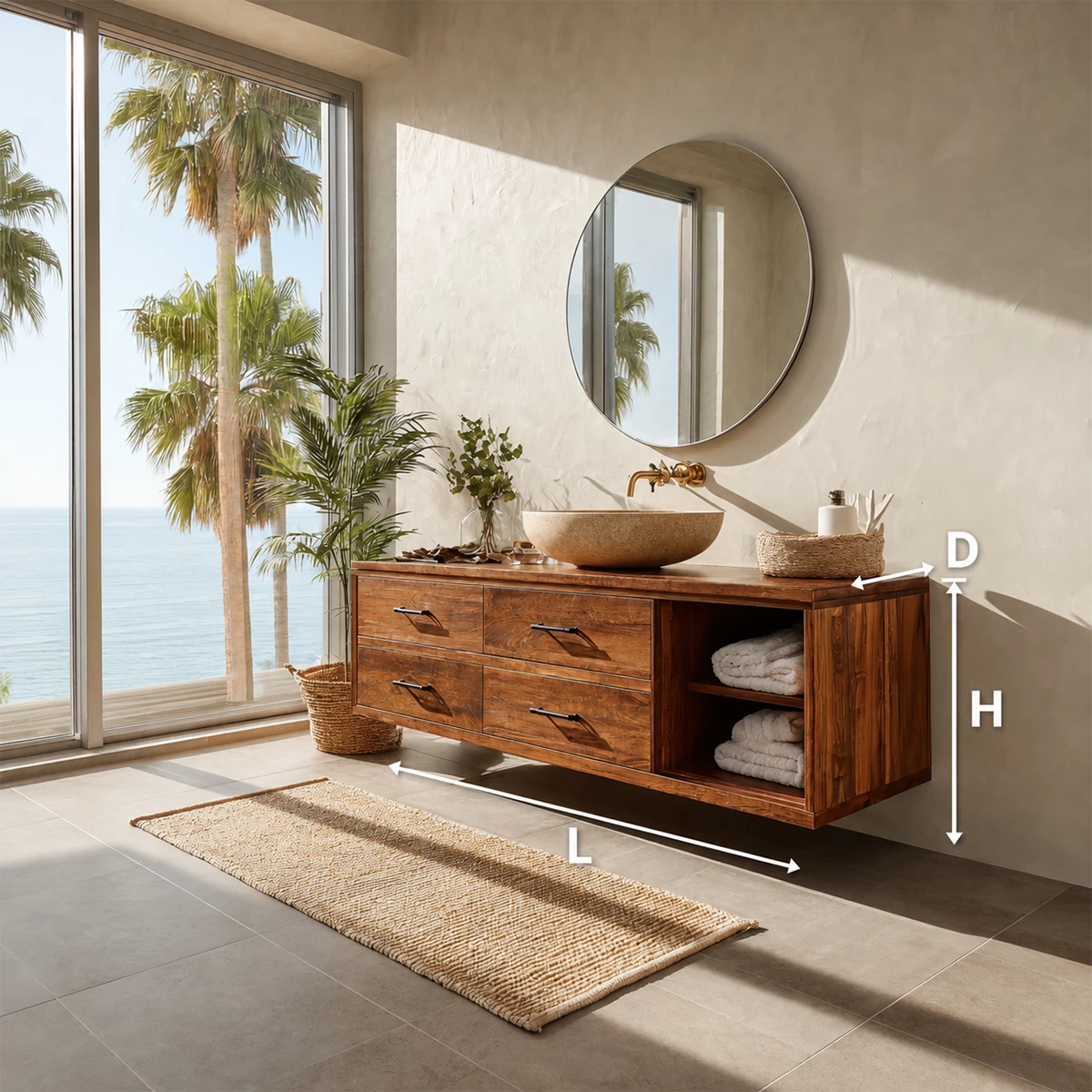 Floating Bathroom Vanity with Open Shelf and Four Drawers in Natural Solid Wood