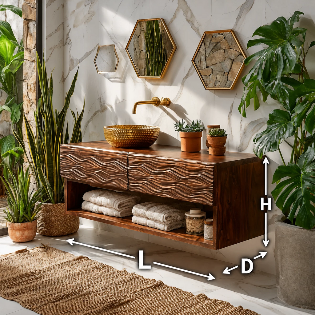 Floating Solid Wood Bathroom Vanity with Carved Wave Doors and Open Shelf