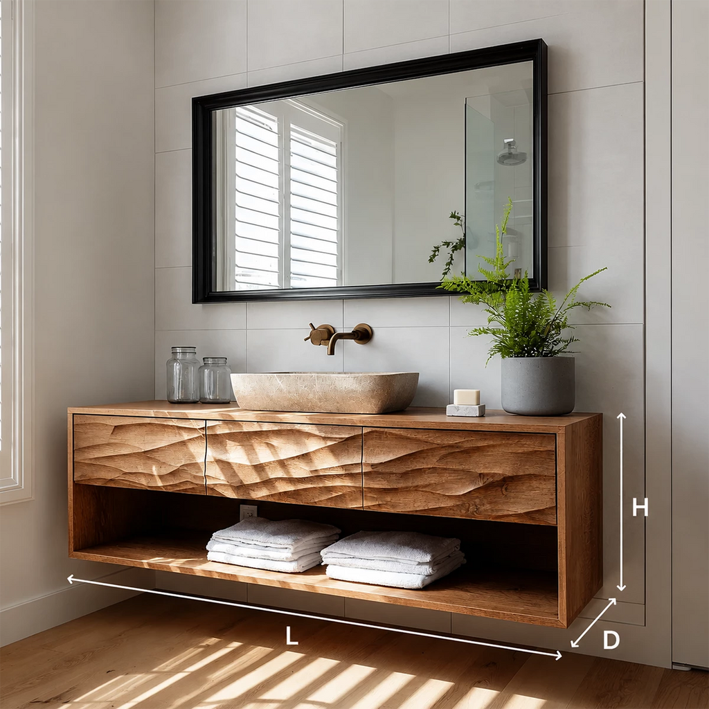 Floating Bathroom Vanity with Hand-Carved Wave Drawers in Natural Solid Wood