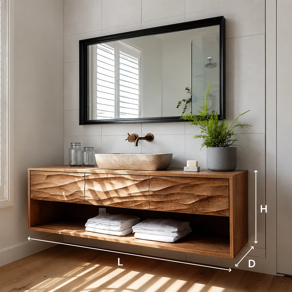Floating Bathroom Vanity with Hand-Carved Wave Drawers in Natural Solid Wood