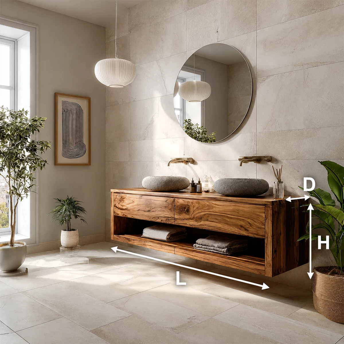 Floating Double Sink Solid Wood Bathroom Vanity with Open Shelf Storage