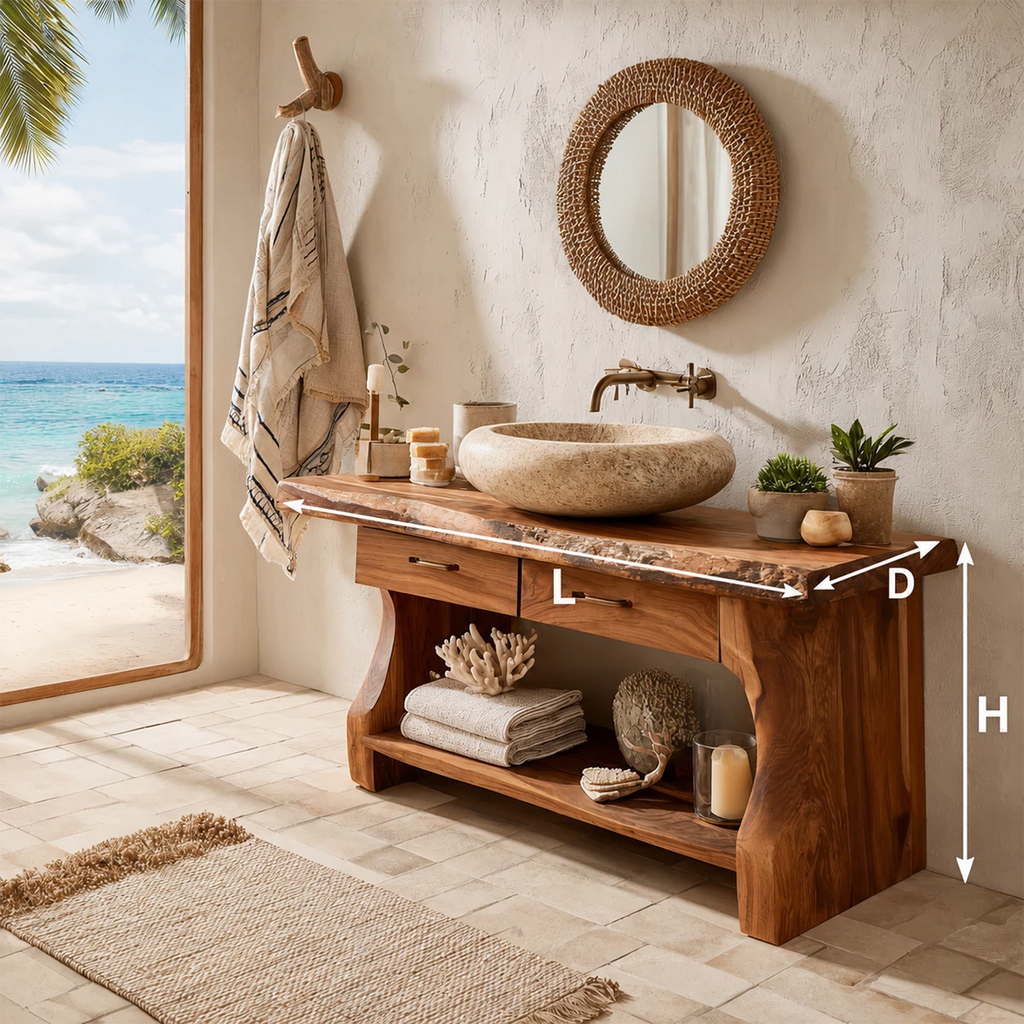 Live Edge Bathroom Vanity with Open Shelf in Natural Solid Wood